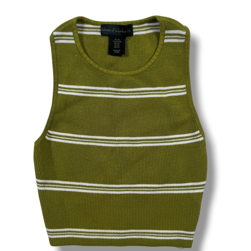 House of Harlow 1960 Tank Top Women XS Green Striped Ribbed Knit‎ Crop Top